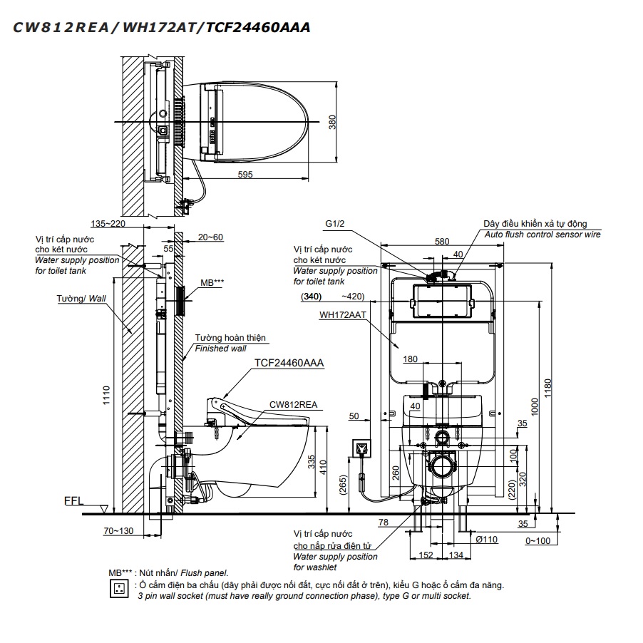 Bồn cầu treo tường điện tử (giấu dây) C5 TOTO CW812REA TCF24460AAA WH172AT TCA465 MB176GH