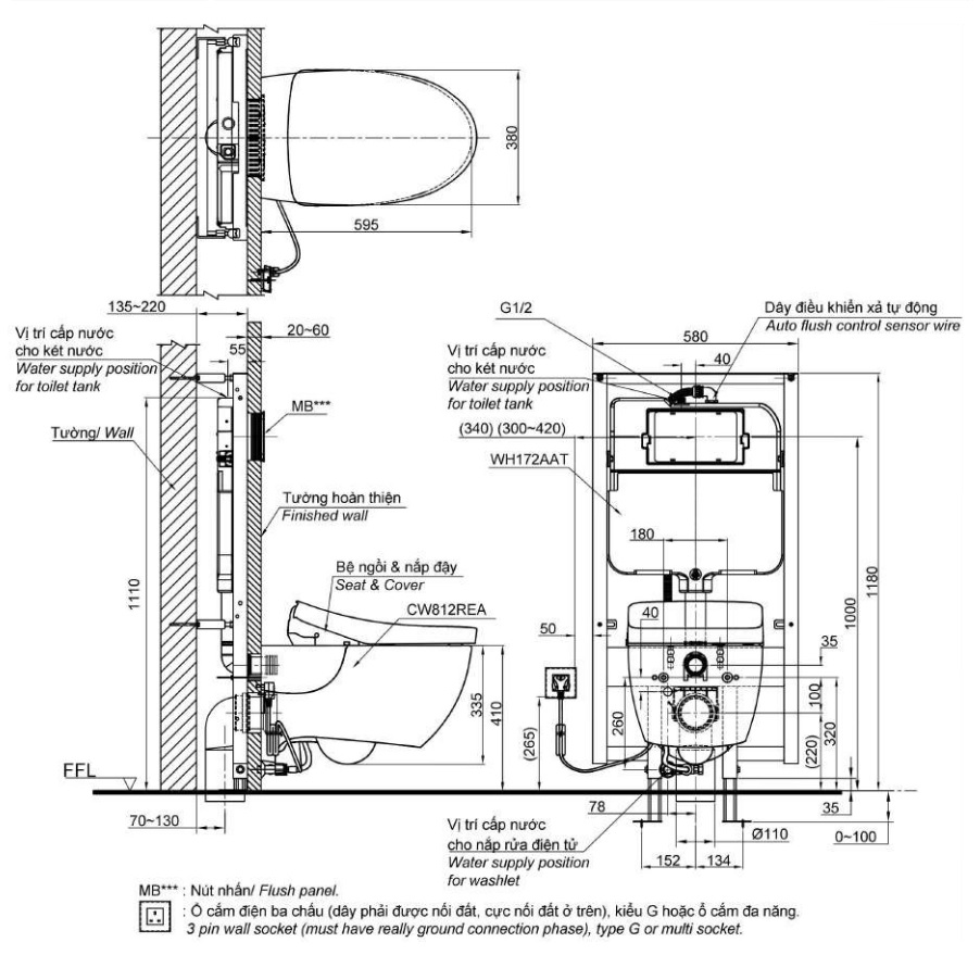 Bồn cầu treo tường điện tử S7 (giấu dây) TOTO CW812REA TCF4911EZ WH172AT TCA465 MB176GH
