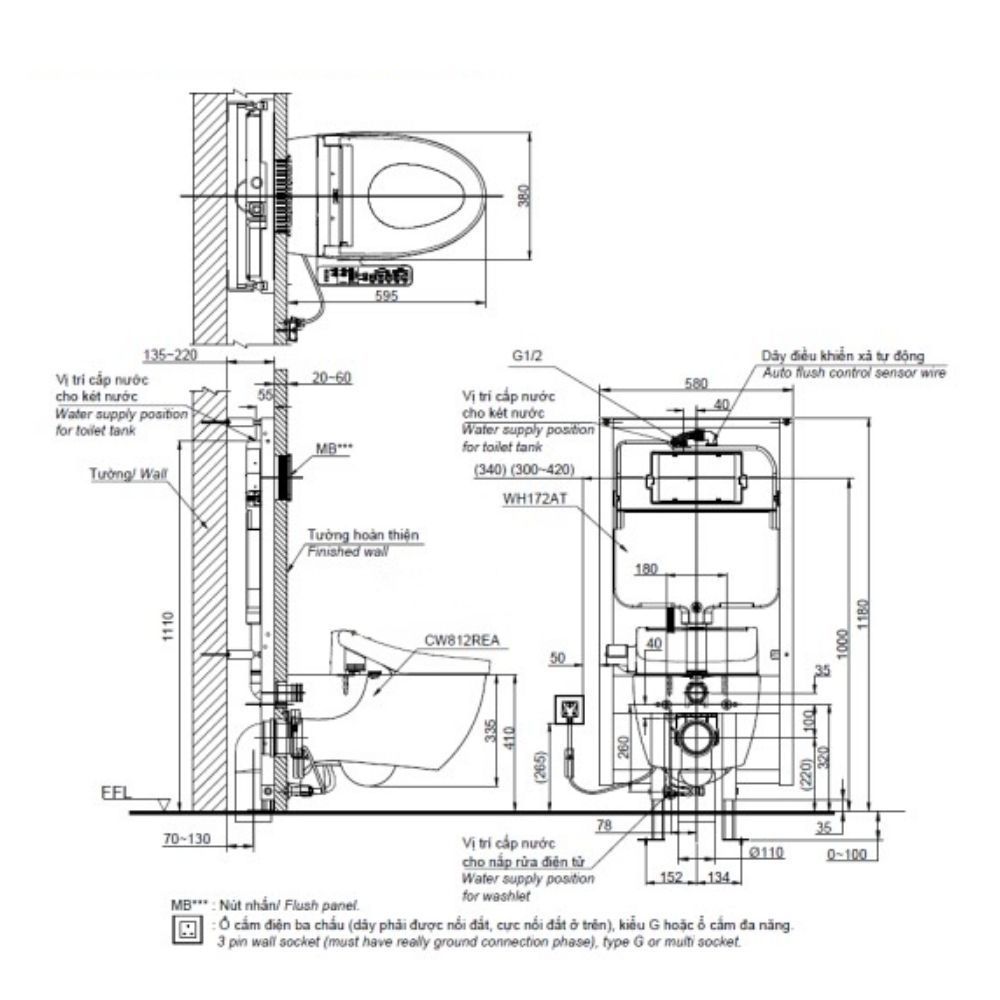 Bồn cầu treo tường nắp rửa điện tử S2 (giấu dây) TOTO CW812REA/TCF33461GAA/WH172AT/TCA465/MB174P#WH