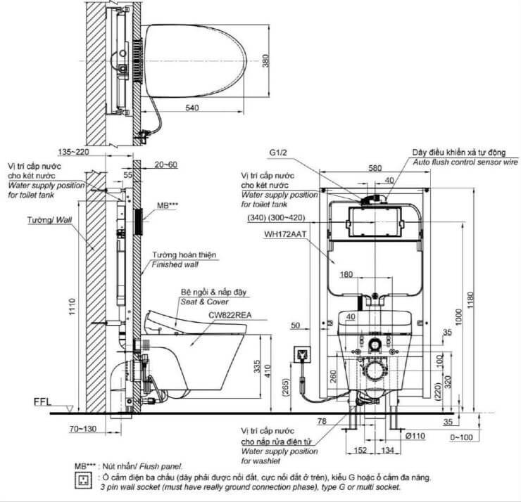 Bản vẽ kỹ thuật bàn cầu treo tường nắp điện tử giấu dây TOTO CW822REA#W TCF23460AAA#NW1