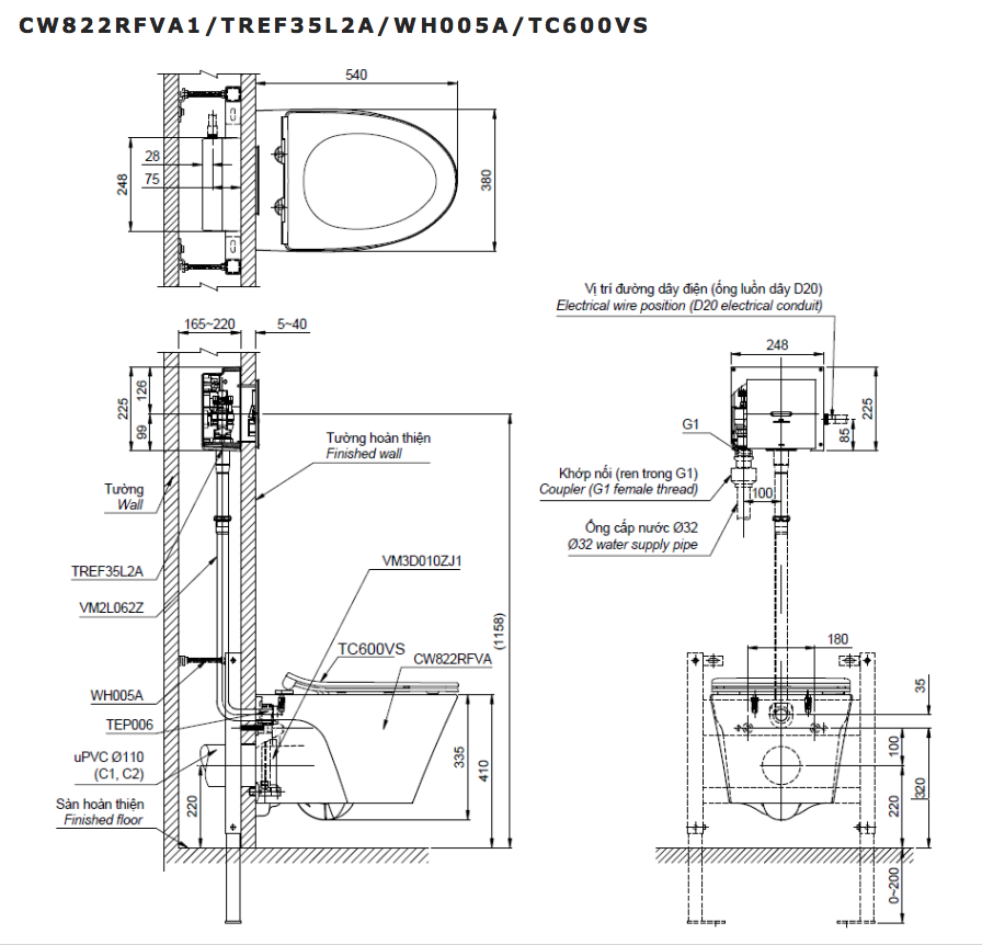 Bồn cầu treo tường nắp êm van xả cảm ứng TOTO CW822RFVA1 TC600VS TREF35L2A WH005A