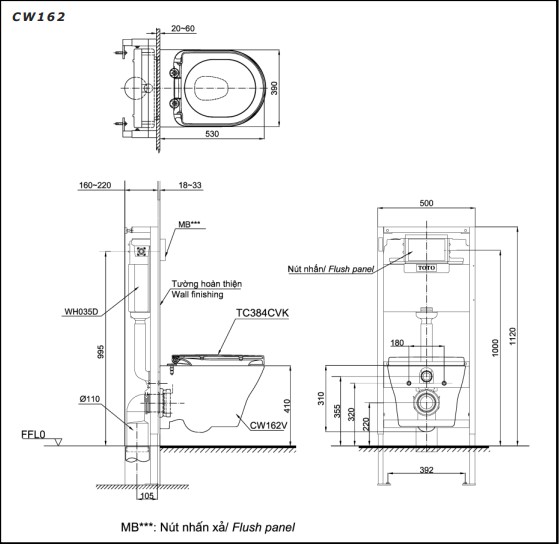 Bản vẽ kỹ thuật của bàn cầu TOTO CW162