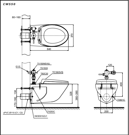 Bồn cầu treo tường nắp êm TOTO CW550 TC393VS HTS153S TV150NSV6J (van xả trực tiếp)