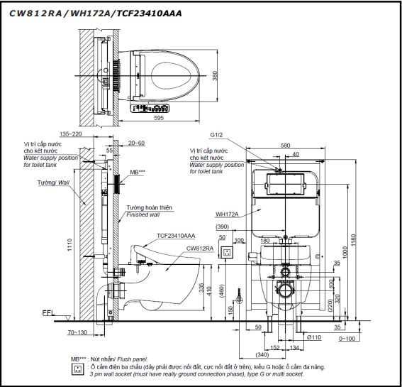 Bồn cầu treo tường điện tử TOTO CW812RA TCF23410AAA WH172A MB176GH