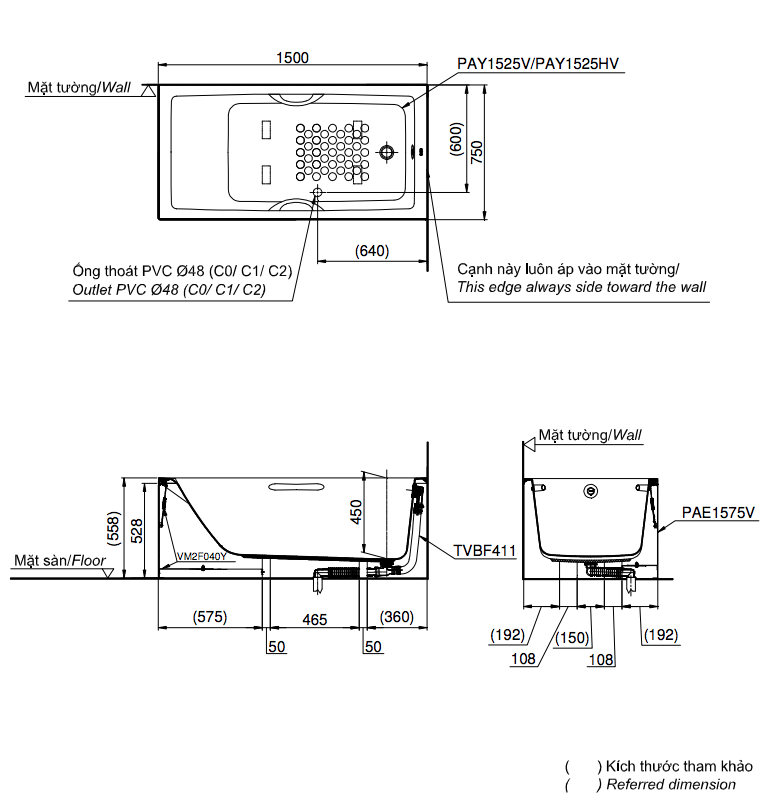 Bồn tắm yếm TOTO PAY1525VC#W TVBF411 nhựa 1m5 gồm bộ xả thải