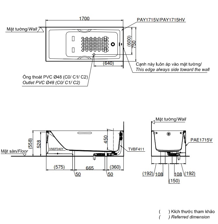 Bồn tắm yếm TOTO PAY1715HVC#W TVBF411 nhựa 1m7 tay vịn gồm bộ xả thải