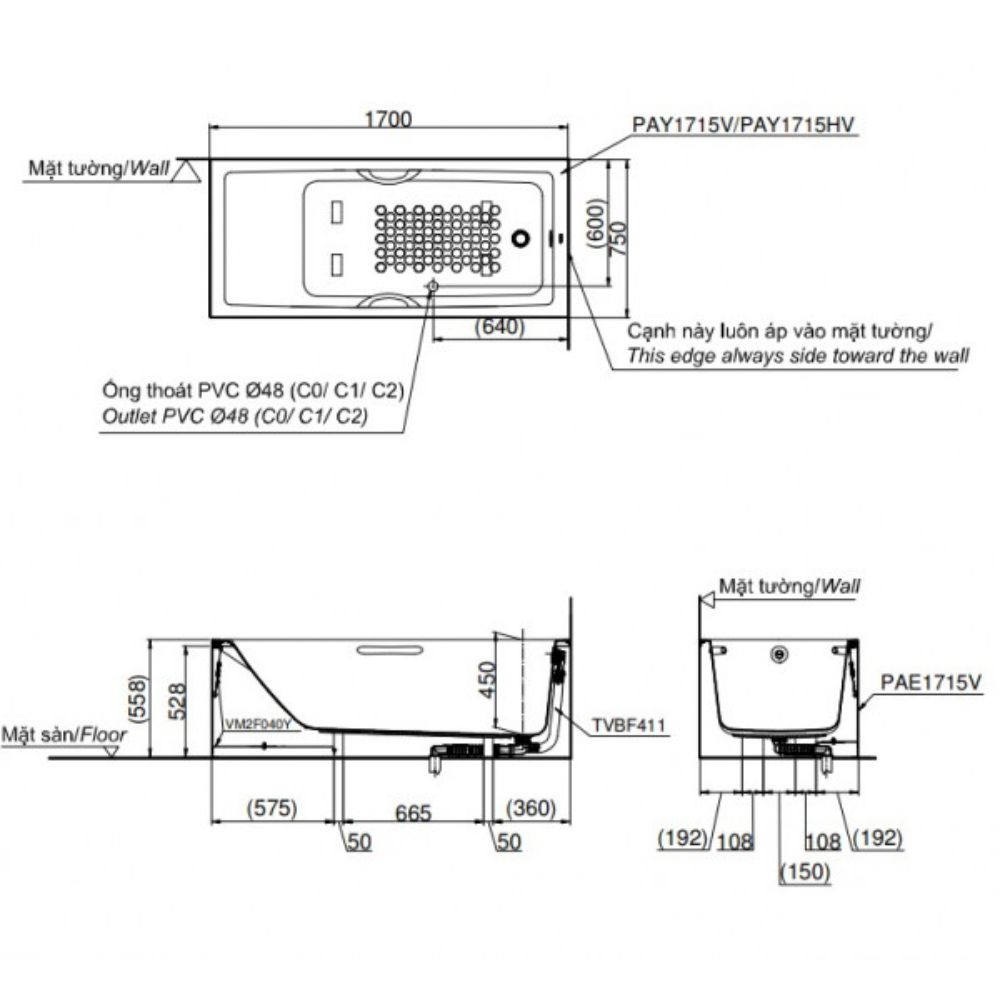 Bồn tắm yếm TOTO PAY1715VC#W TVBF411 nhựa 1m7 gồm bộ xả thải
