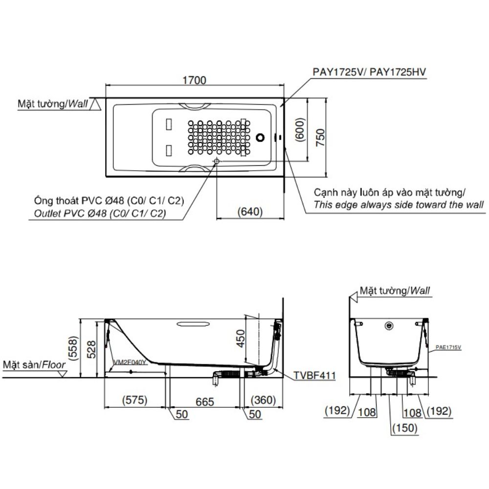 Bồn tắm yếm TOTO PAY1725HVC#W TVBF411 nhựa 1m7 tay vịn gồm bộ xả thải