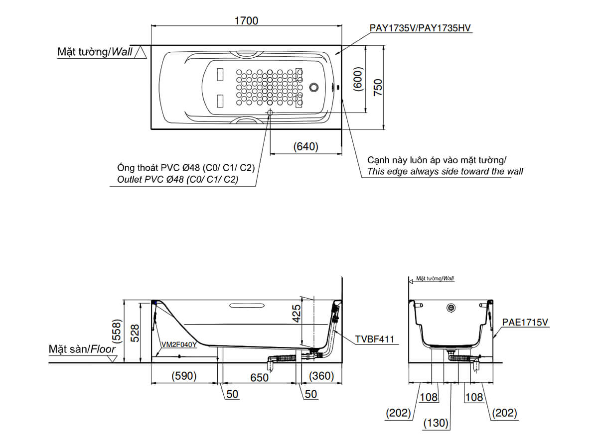 Bồn tắm yếm TOTO PAY1735VC#W TVBF411 nhựa 1m7 gồm bộ xả thải