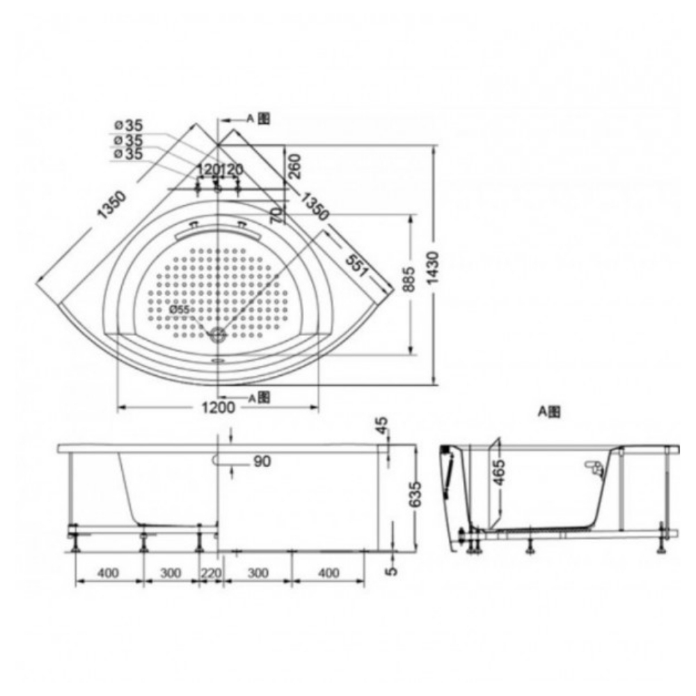 Bồn tắm yếm TOTO PPY1353-3HPE#P TVBF412 DB505R-2B ngọc trai 1m35 tay vịn đặt góc gồm bộ xả thải