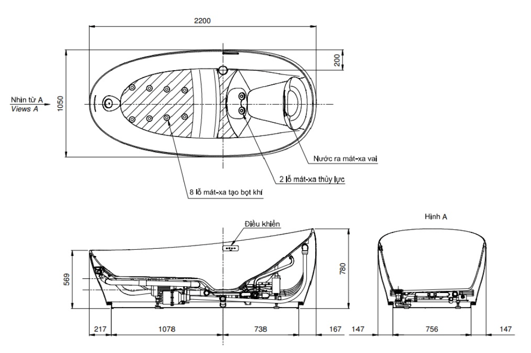 Bồn tắm massage đặt sàn TOTO PJYD2200PWE#GW GALALATO 2m2