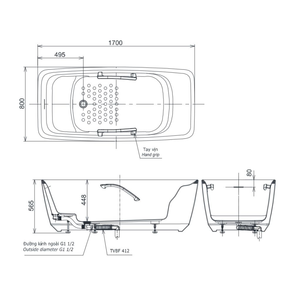 Bồn tắm TOTO PJY1724BHPWEN#TBL/TVBF412 GALALATO đặt sàn 1m7 tay vịn gồm ống thải