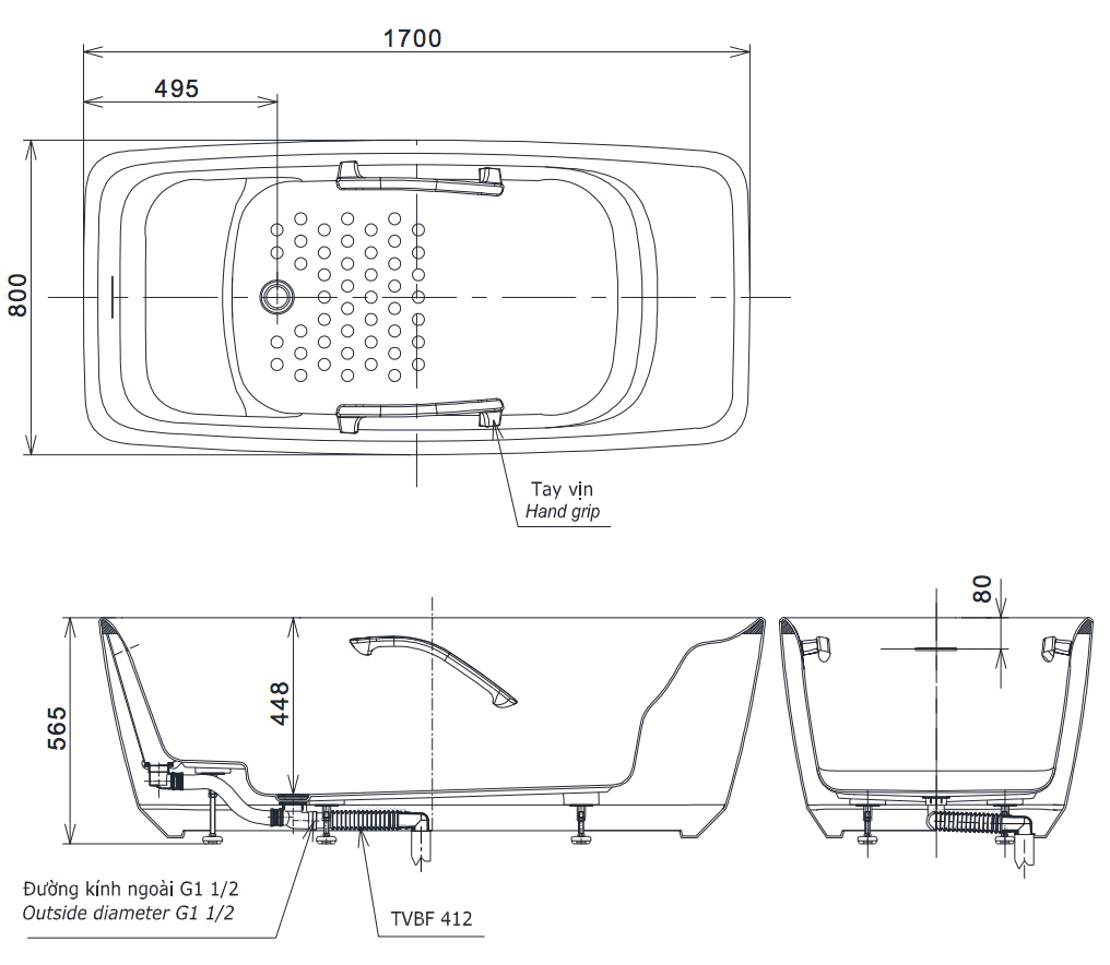 Bản vẽ kỹ thuật của bồn tắm Galalato đặt sàn TOTO PJY1724WPWEN#GW/TVBF412