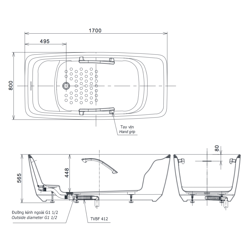 Bản vẽ kỹ thuật bồn tắm đặt sàn TOTO PJY1724WPWEN#MW GALALATO 1m7 trắng mờ
