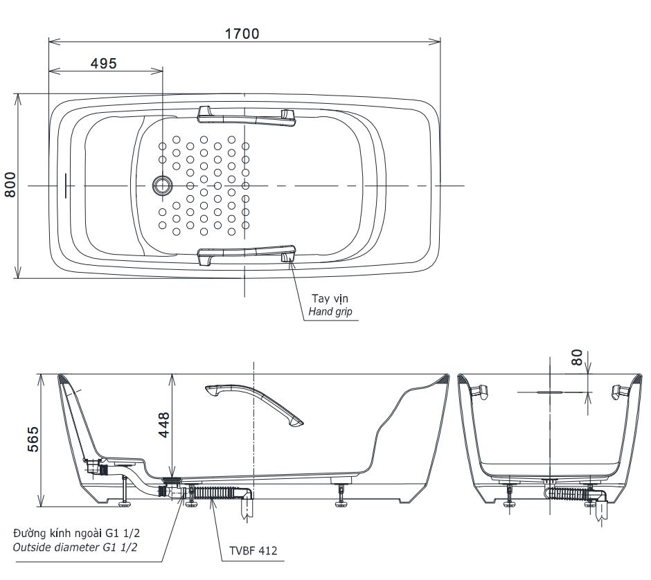 Bản vẽ kỹ thuật của bồn tắm GALALATO cao cấp đặt sàn PJY1724WPWENMW - TVBF412