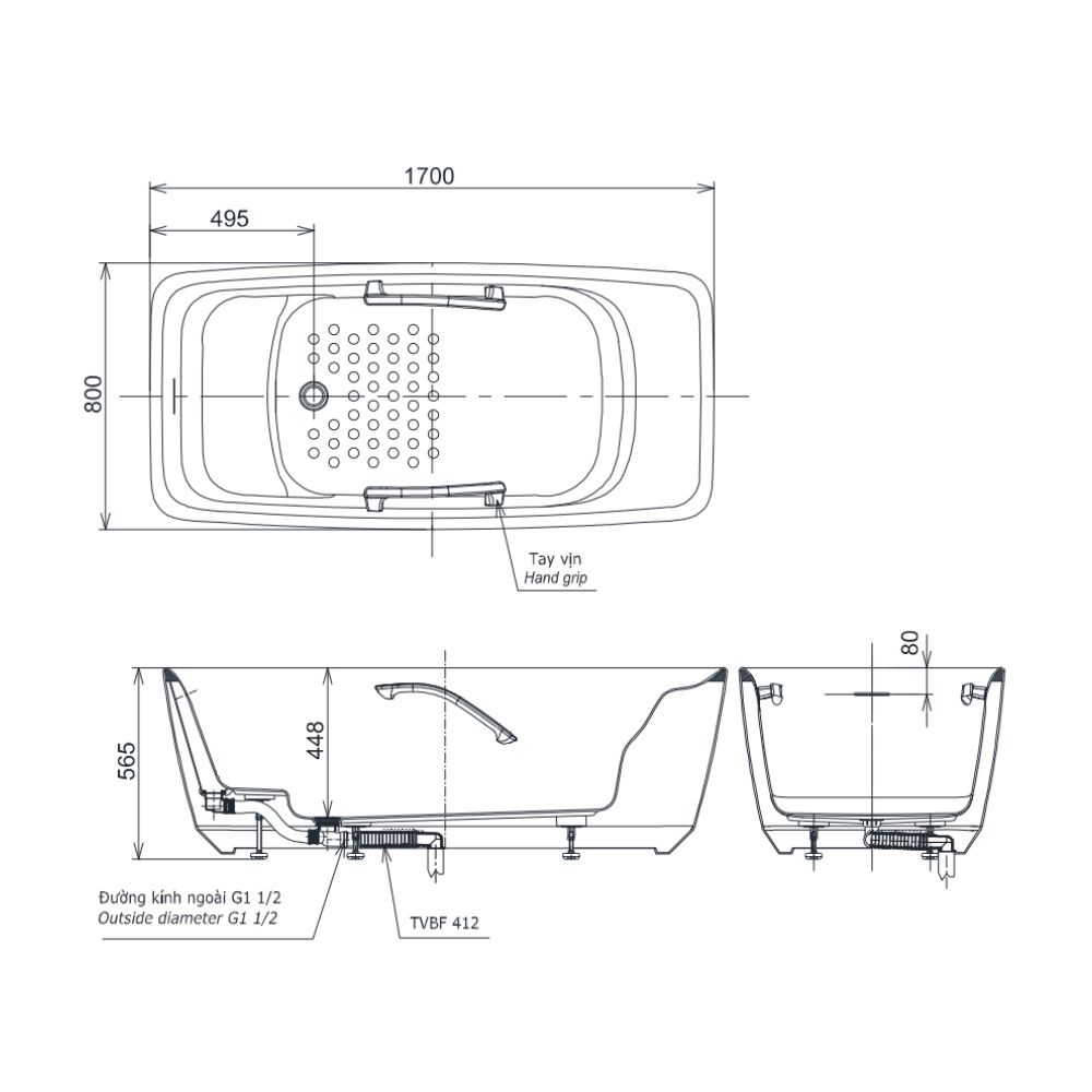 Bồn tắm TOTO PJY1724WPWEN#TBL/TVBF412 GALALATO đặt sàn 1m7 gồm ống thải