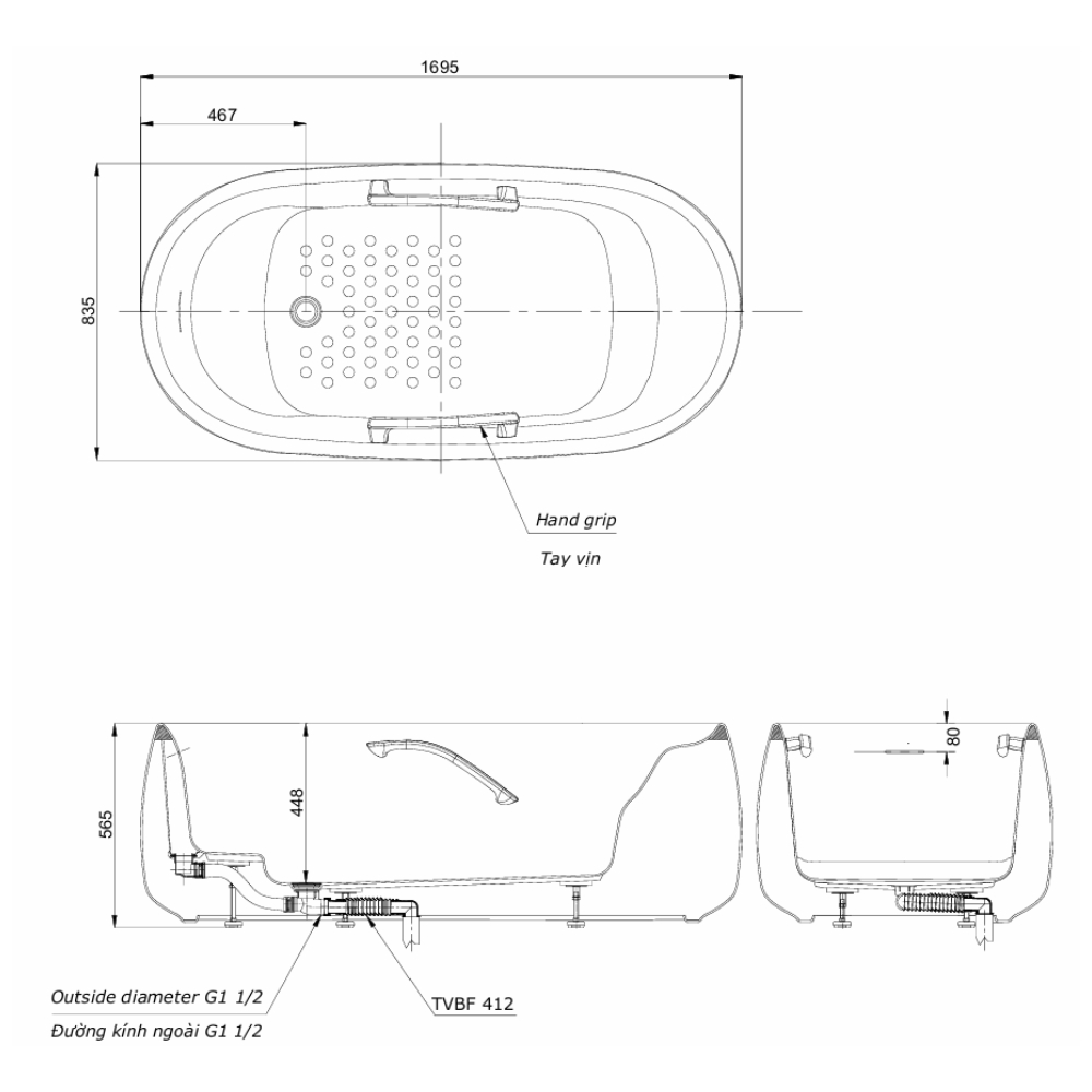 Bồn tắm đặt sàn TOTO PJY1744PWEN#GW GALALATO 1m7 trắng bóng