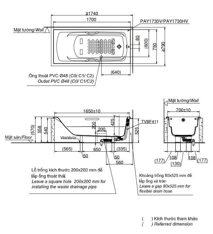 Bồn tắm TOTO PAY1730V#W nhựa 1m7