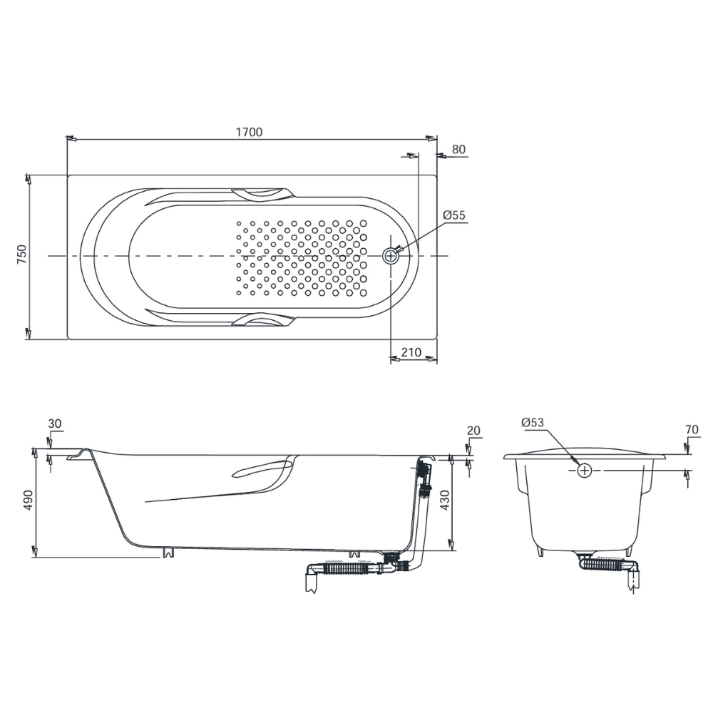Bồn tắm TOTO FBY1720NHPE#W gang tráng men 1m7 tay vịn