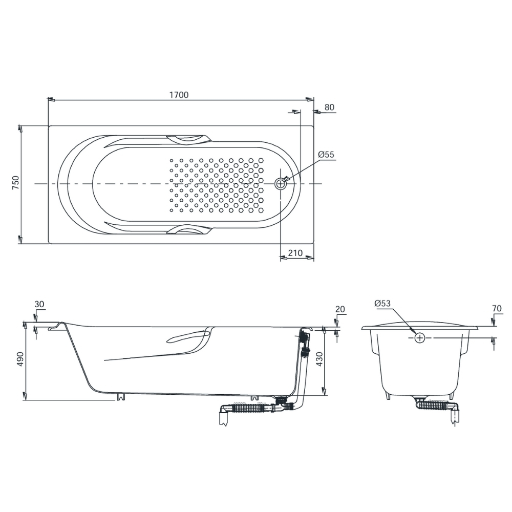 Bồn tắm TOTO FBY1720NHPE#W TVBF412 DB505R-2B gang tráng men 1m7 tay vịn gồm bộ xả thải