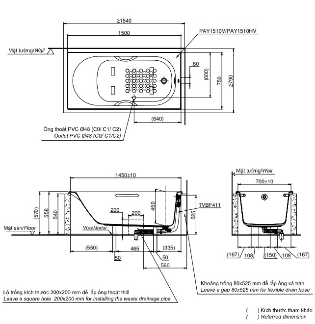 Bồn tắm TOTO PAY1510HV#W TVBF411 nhựa 1m5 tay vịn gồm bộ xả thải