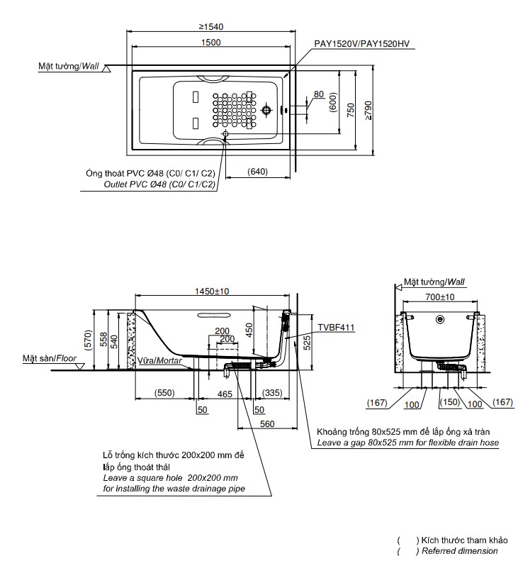 Bồn tắm TOTO PAY1520V#W TVBF411 nhựa 1m5 gồm bộ xả thải