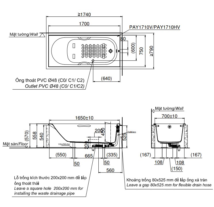 Bồn tắm TOTO PAY1710HV#W TVBF411 nhựa 1m7 tay vịn gồm bộ xả thải