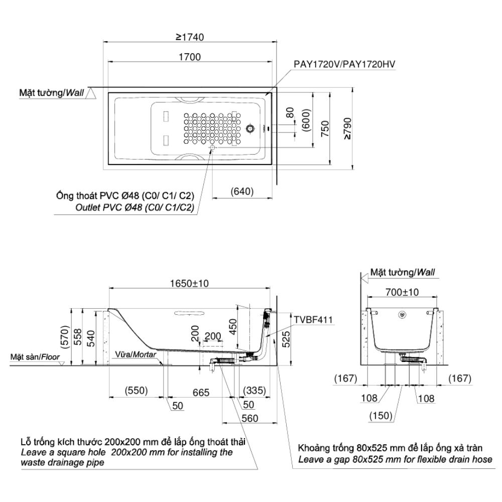 Bồn tắm TOTO PAY1720V#W TVBF411 nhựa 1m7 gồm bộ xả thải