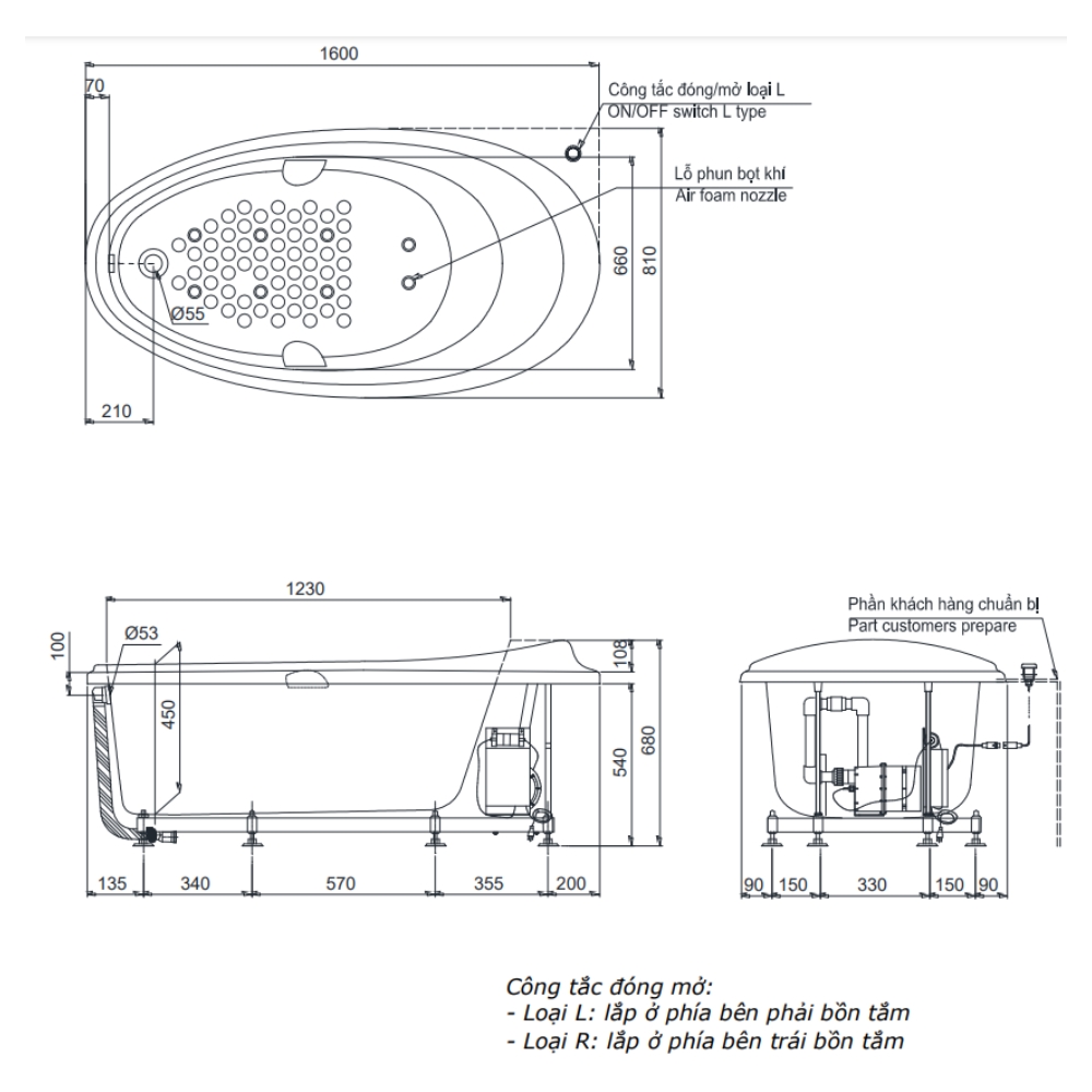 Bồn tắm TOTO PPYB1610RHPTE#S TVBF412 ngọc trai massage 1m6 tay vịn gồm ống thải