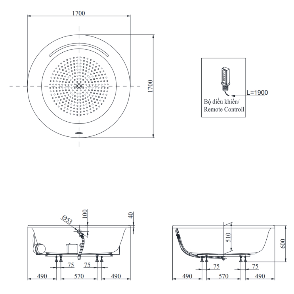 Bồn tắm TOTO PPYB1720HPTE#P TVBF412 ngọc trai massage 1m7 tay vịn gồm ống thải