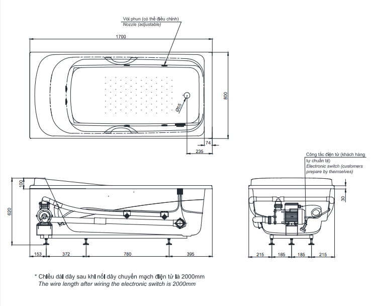 Bồn tắm massage TOTO PPYK1760ZLHPE#P DB501R-2B ngọc trai 1m7 tay vịn gồm bộ xả nhấn