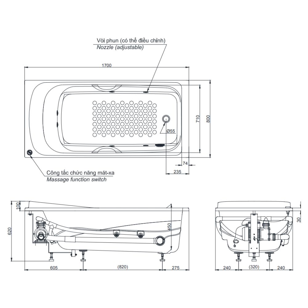 Bồn tắm massage TOTO PPYK1760ZLPNE#P TVBF412 DB505R-2B ngọc trai 1m7 gồm bộ xả thải