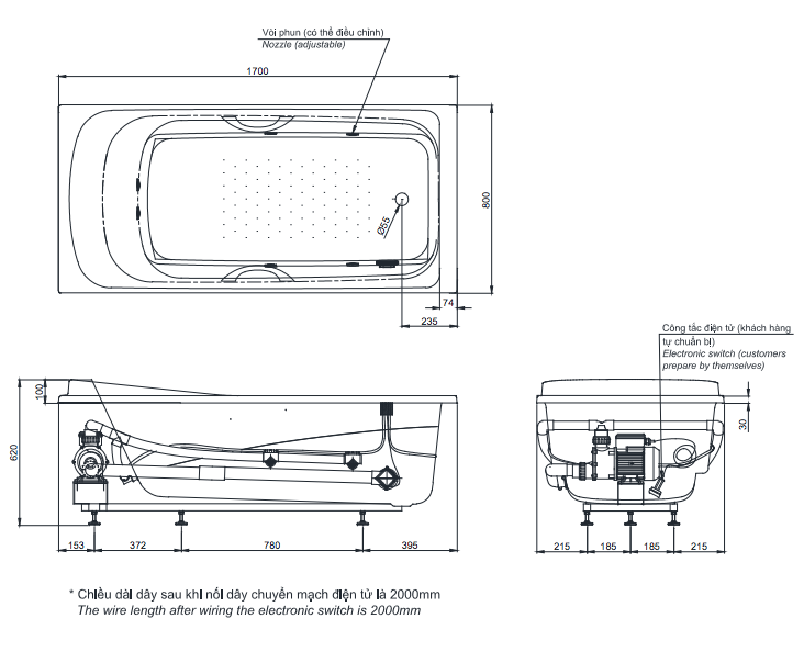 Bồn tắm massage TOTO PPYK1760ZRHPE#P DB501R-2B ngọc trai 1m7 tay vịn gồm bộ xả nhấn