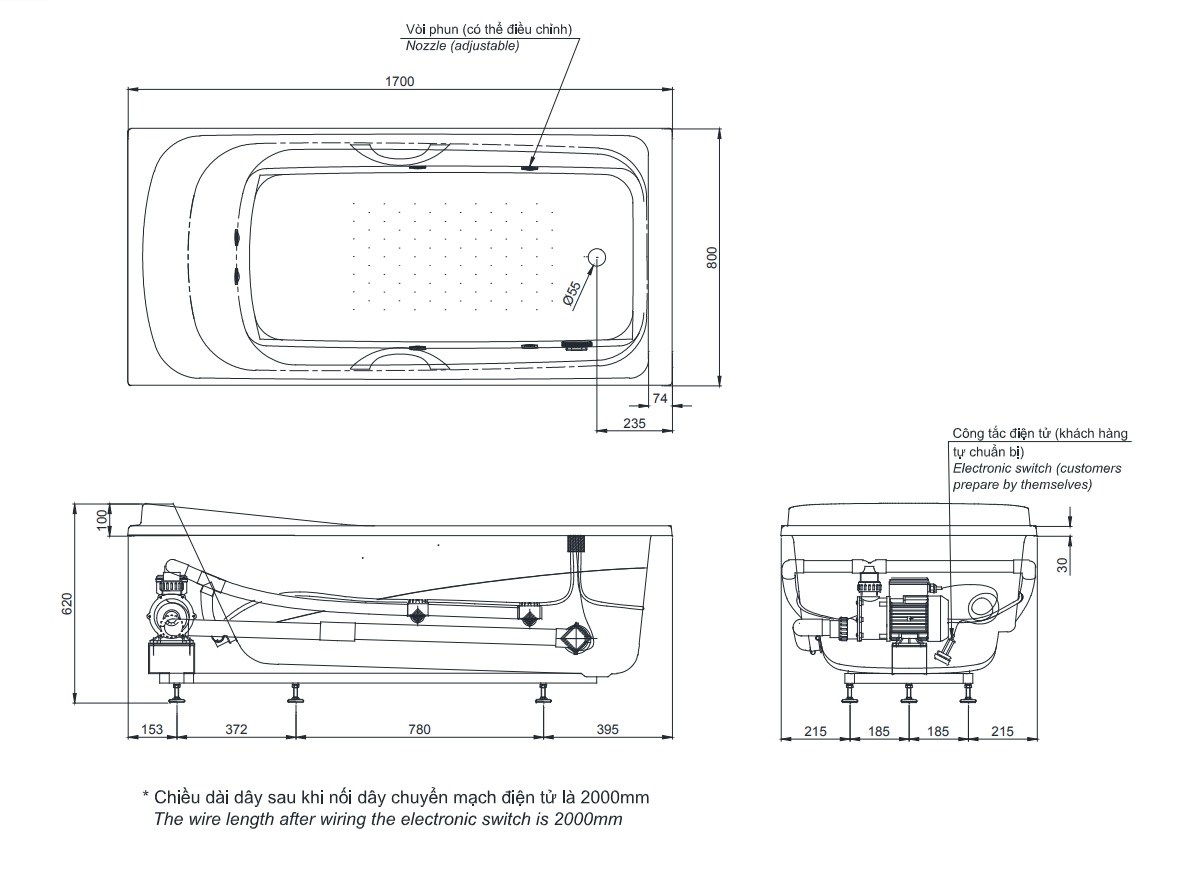 Bồn tắm massage TOTO PPYK1760ZRPE#P DB501R-2B ngọc trai 1m7 gồm bộ xả nhấn