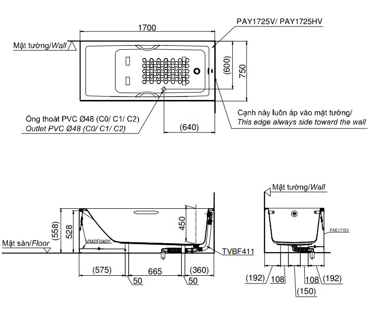Bản Vẽ Kỹ Thuật Bồn Tắm TOTO PAY1725HVC