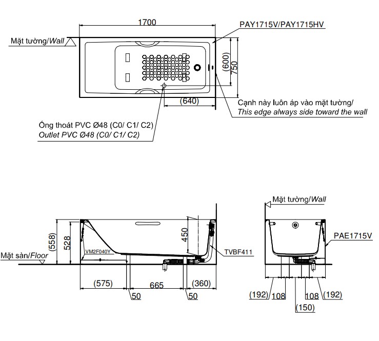 Bồn tắm yếm TOTO PAY1715VC#W nhựa 1m7