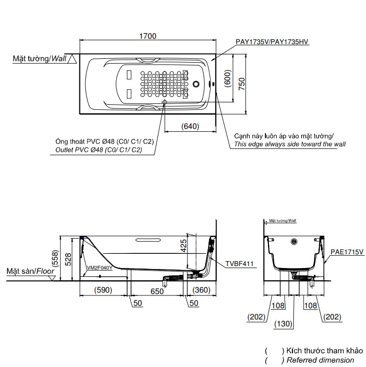 Bồn tắm yếm TOTO PAY1735VC#W nhựa 1m7