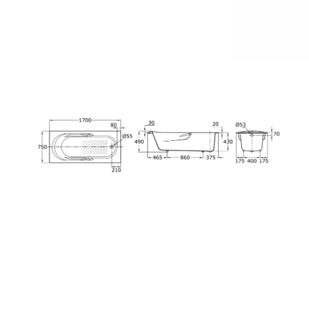 Bản vẽ kỹ thuật bồn tắm gang tráng men 1m7 TOTO FBY1720NPE#W/DB505R-2B