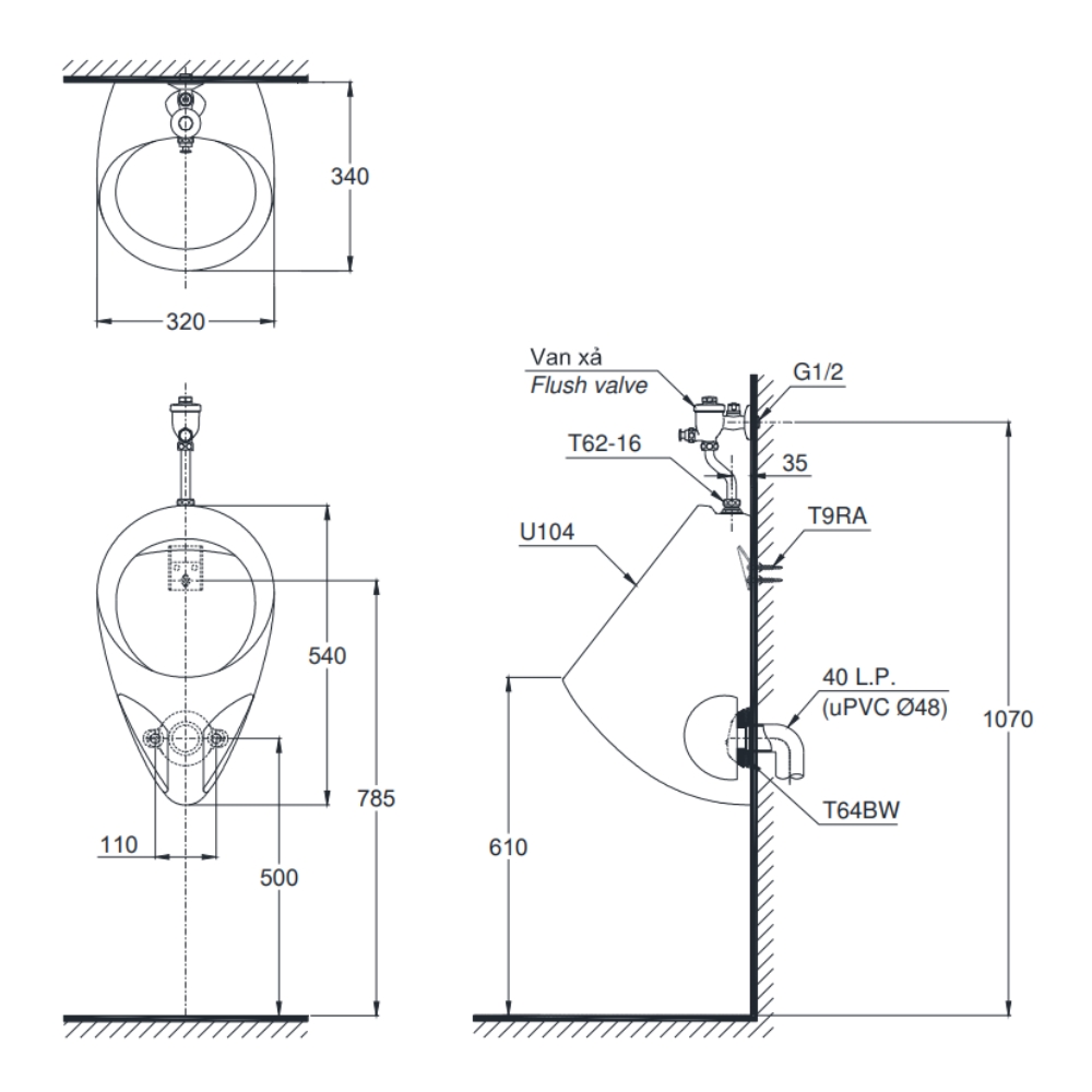 Bồn tiểu nam TOTO U104W/F treo tường