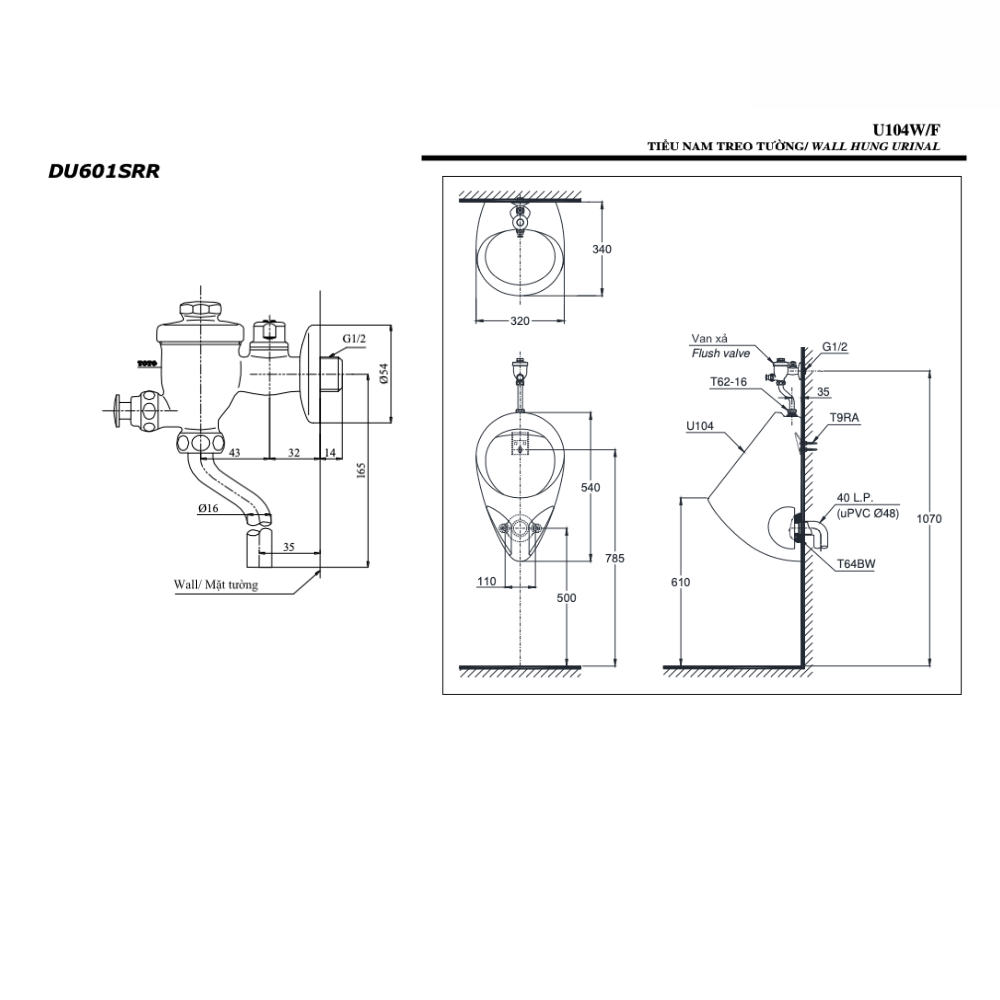 Bồn tiểu nam TOTO U104W/F DU601SRR treo tường kèm van xả nhấn