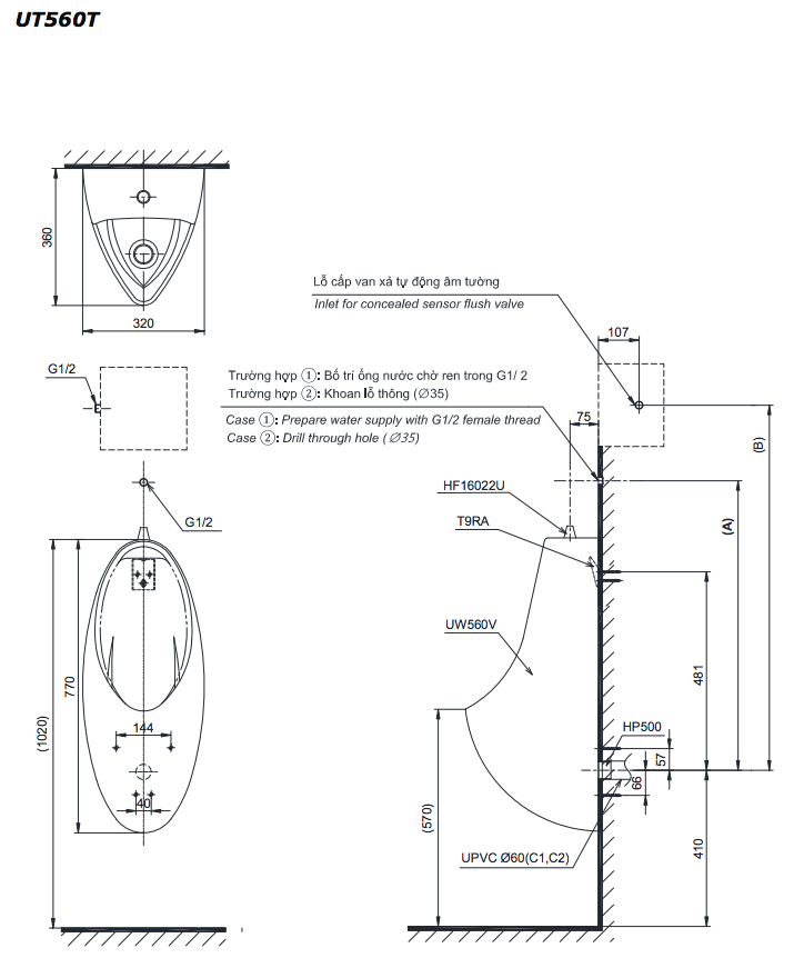 Bản vẽ kỹ thuật bồn tiểu nam TOTO UT560T 