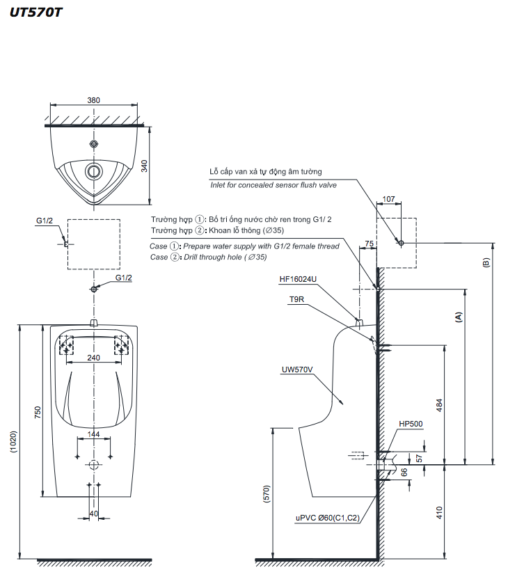 Bản vẽ kỹ thuật của bồn tiểu nam UT570T