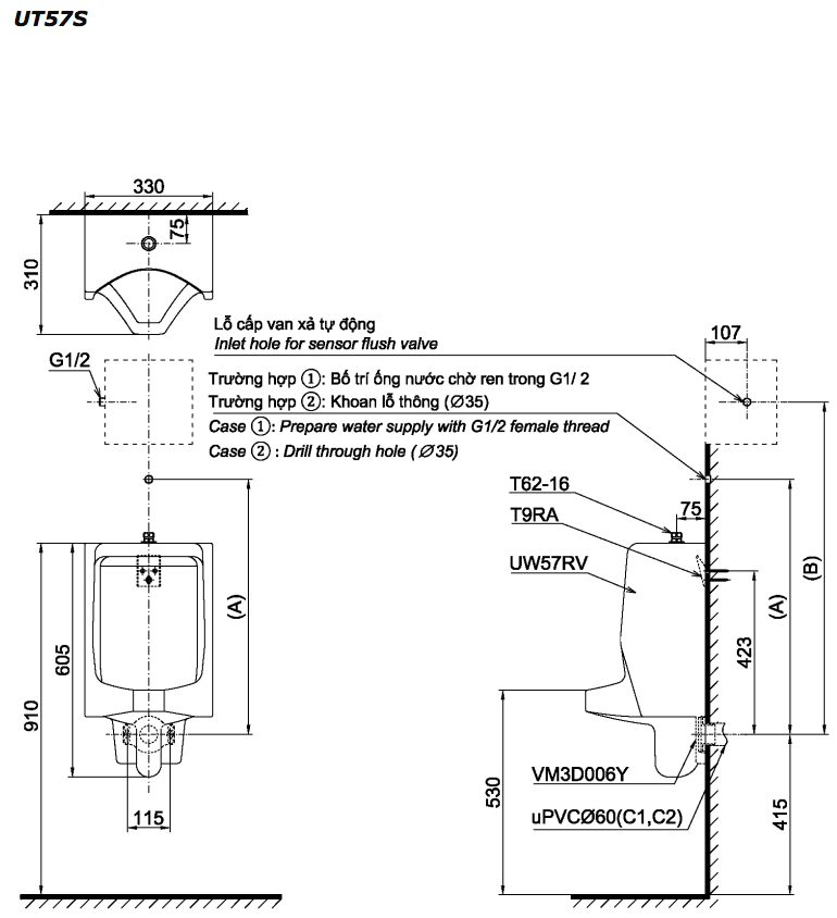 Bản vẽ kỹ thuật bồn tiểu nam TOTO UT57S