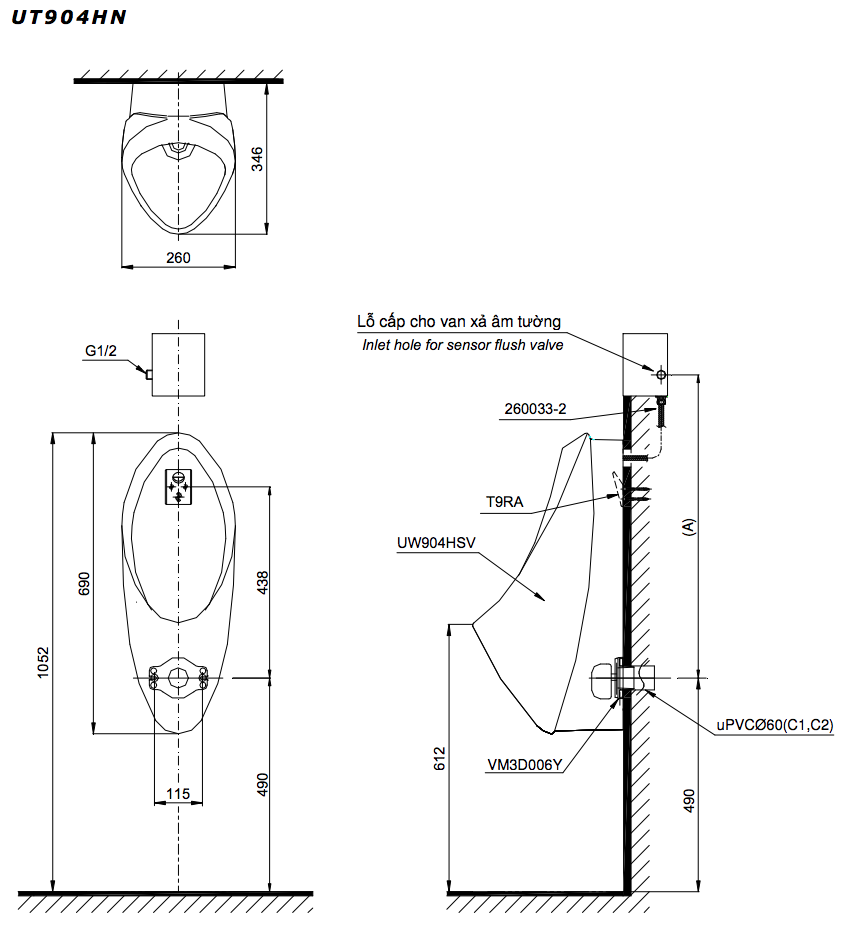 Bản vẽ kỹ thuật tiểu nam treo tường TOTO UT904HN