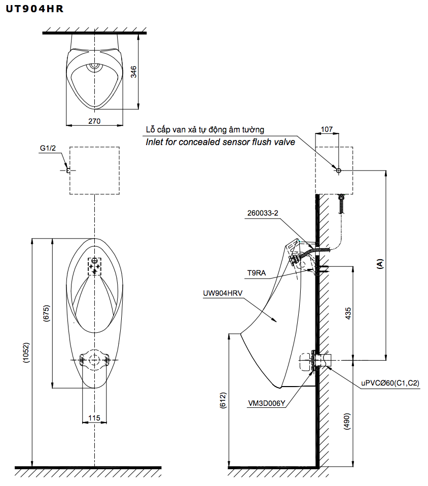 Bản vẽ kỷ thuật tiểu nam treo tường TOTO UT904HR