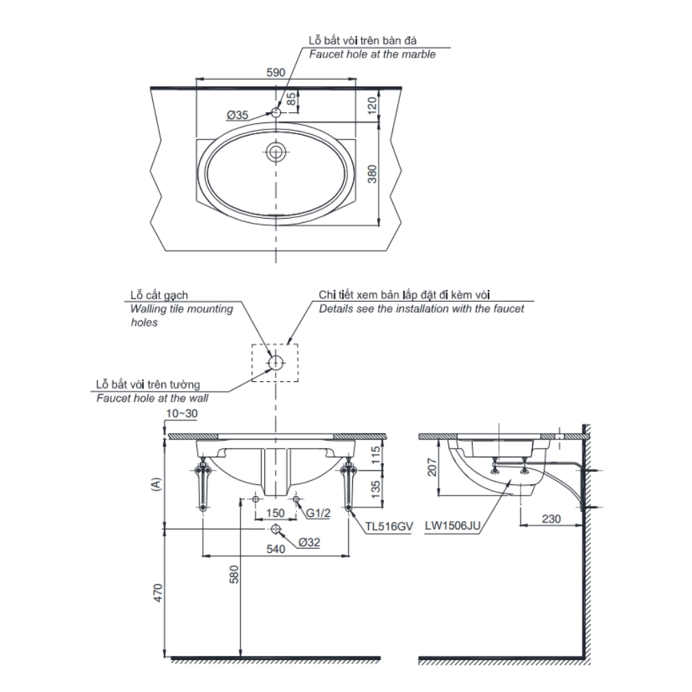 Chậu rửa mặt lavabo âm bàn TOTO LW1506V#XW
