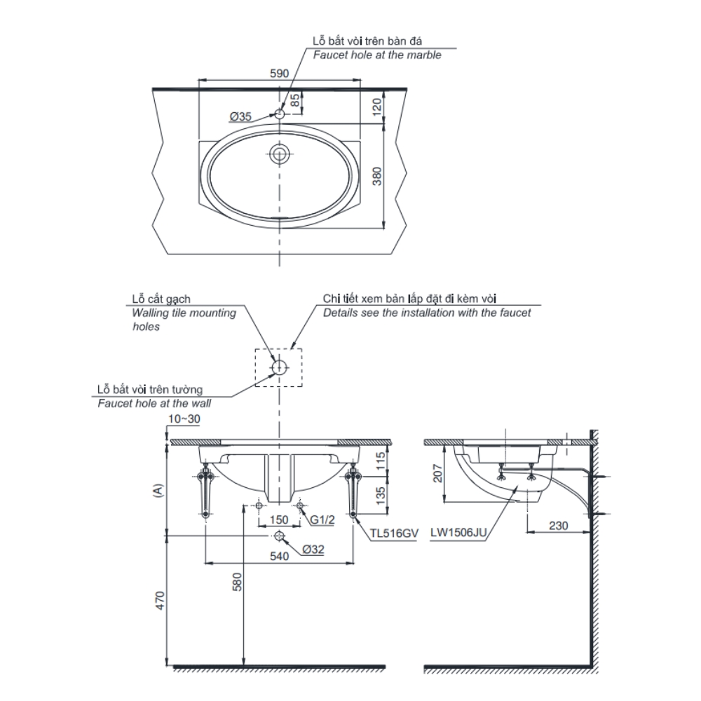 Bản vẽ kỹ thuật chậu rửa lavabo TOTO LW1506V/TL516GV âm bàn
