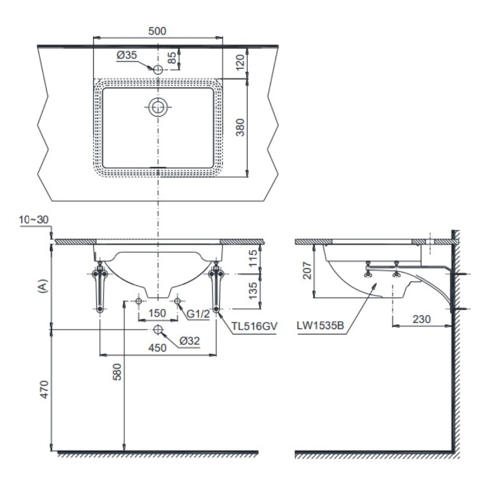 Bản vẽ chậu rửa mặt TOTO LW5135V âm bàn