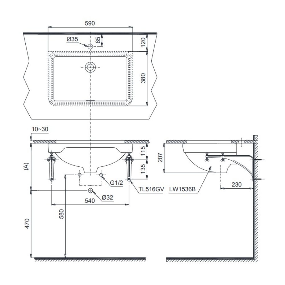 Chậu rửa mặt lavabo âm bàn TOTO LW1536V#XW TL516GV kèm giá đỡ