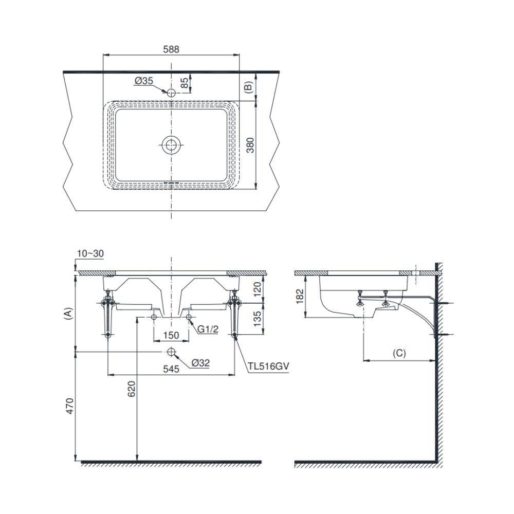 Chậu lavabo TOTO LW1555BA#XW/TL516GV âm bàn kèm giá đỡ